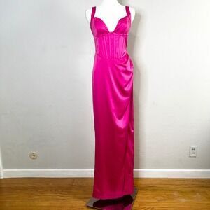 NBD Elodie Hot Pink Satin Corset Maxi Dress Slit Evening Gown Formal Medium
